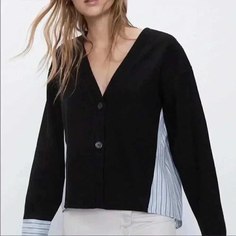 Zara  | Mixed media poplin stripe and black cardigan
